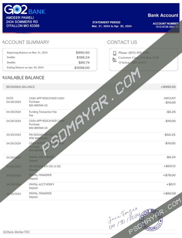 go2bank bank statement psd free template
