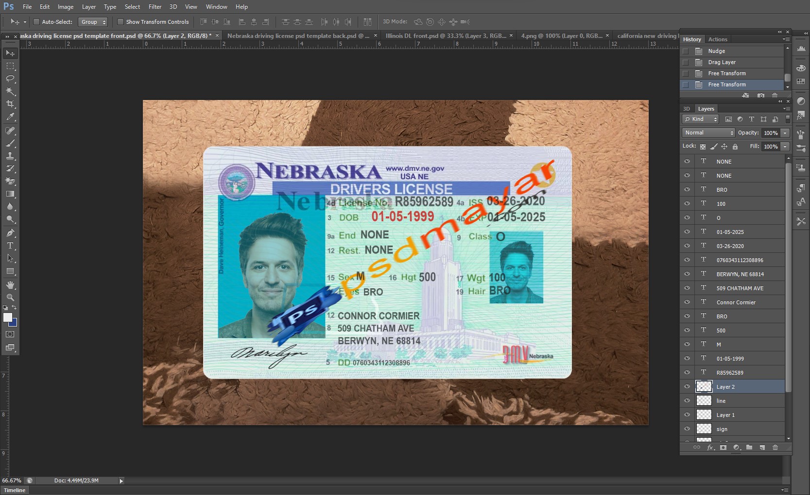 Nebraska driving license psd template