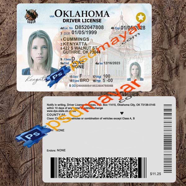 Oklahoma driving license psd template