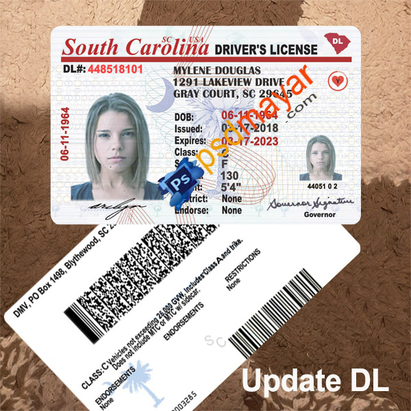 South Carolina driving license psd template 2023