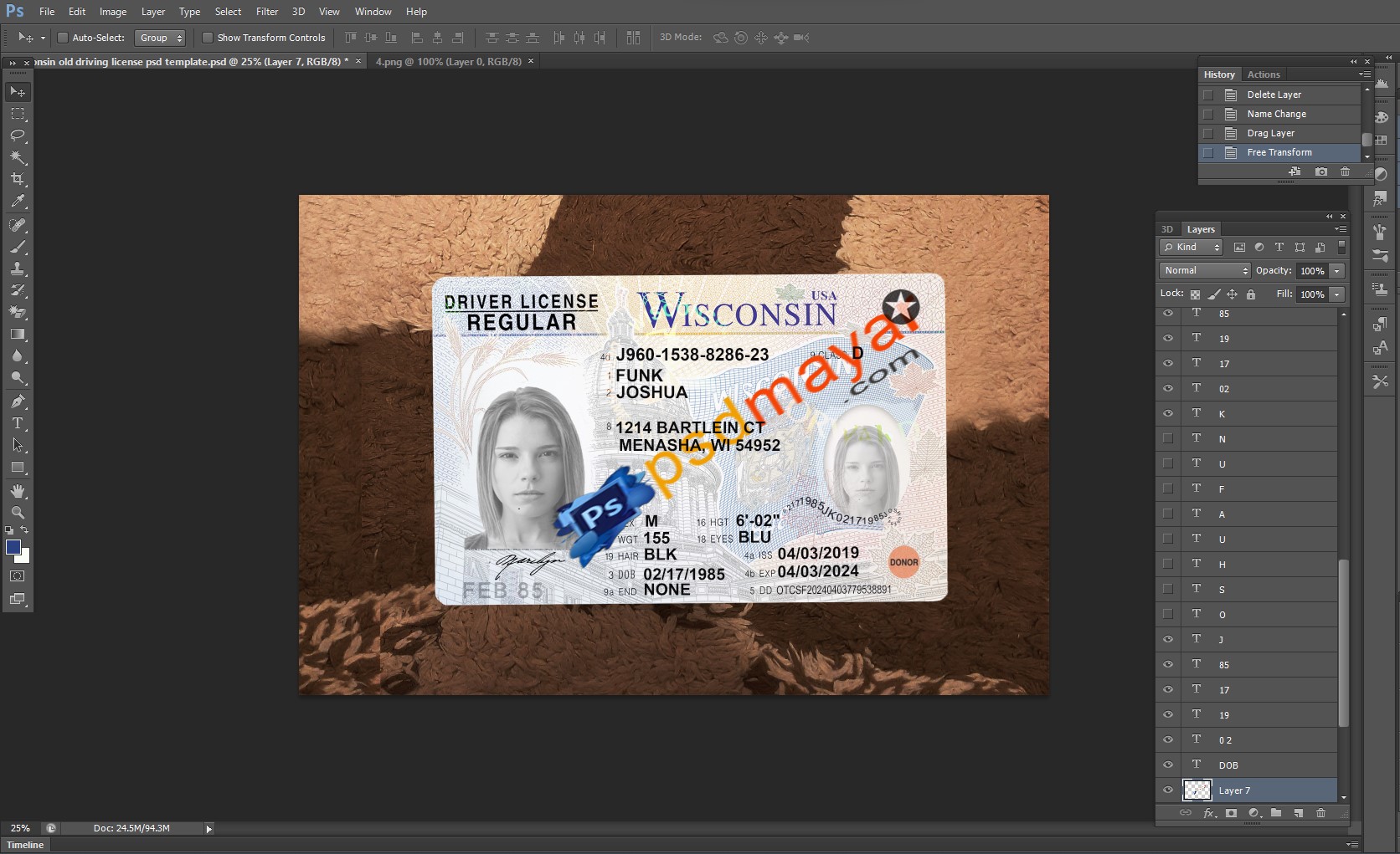 Wisconsin old driving license psd template