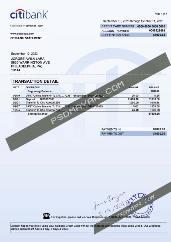 usa Citibank statement psd template with seal sign