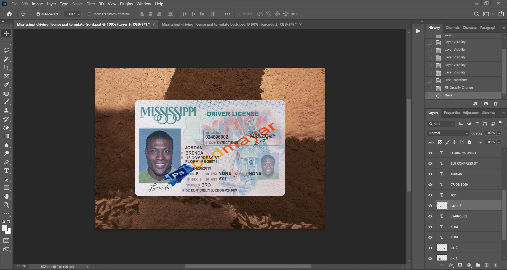 Mississippi driving license psd template