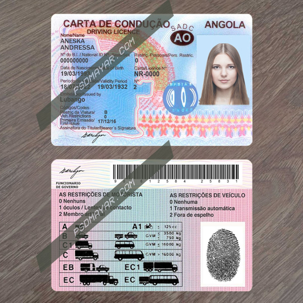 Angola driving license psd template
