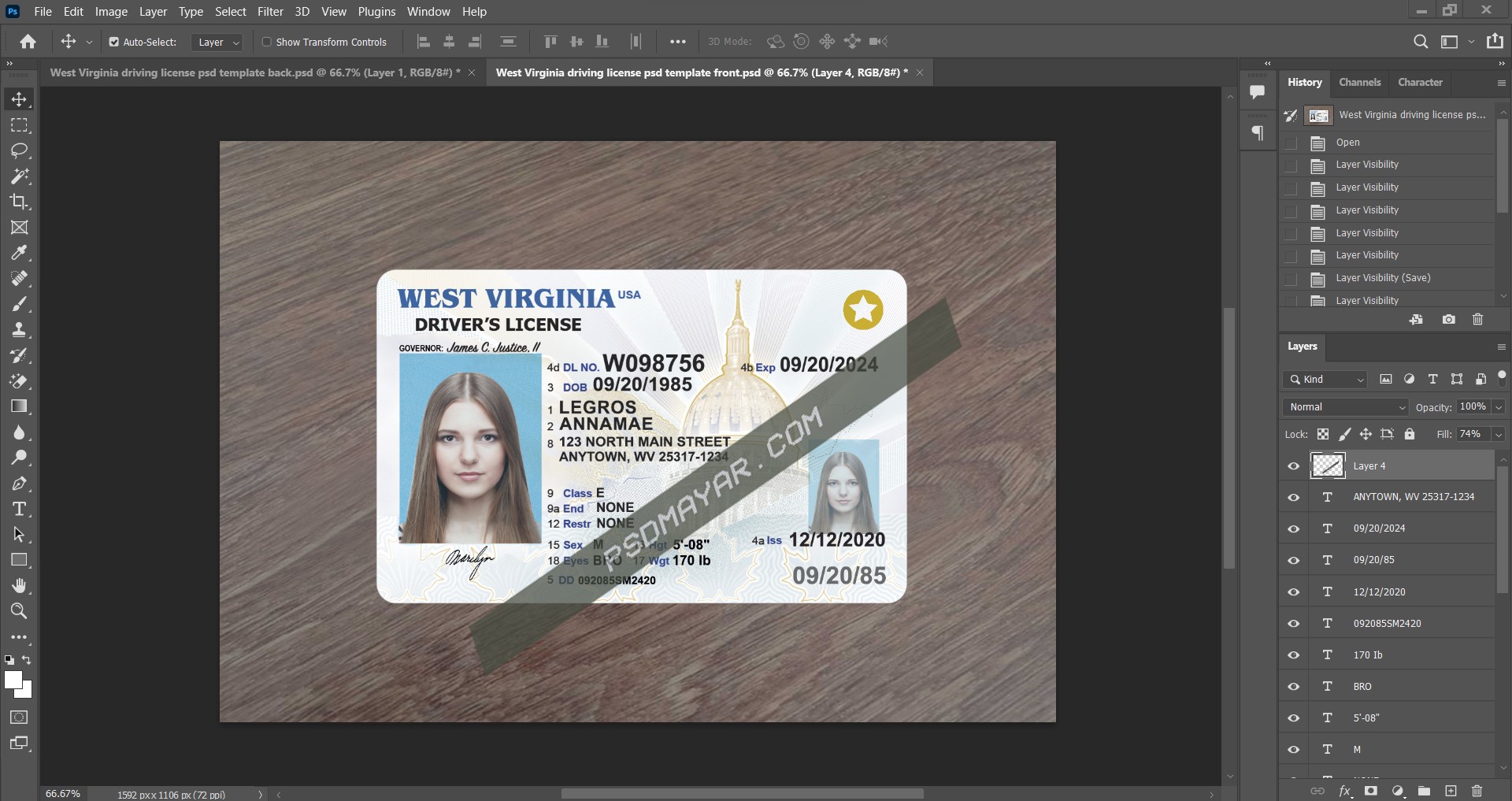 West Virginia driving license psd template