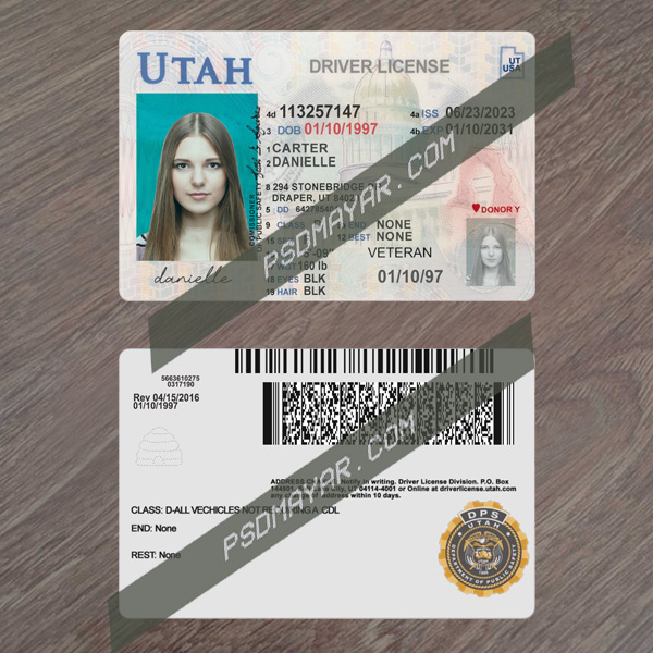 UTAH driving license psd template