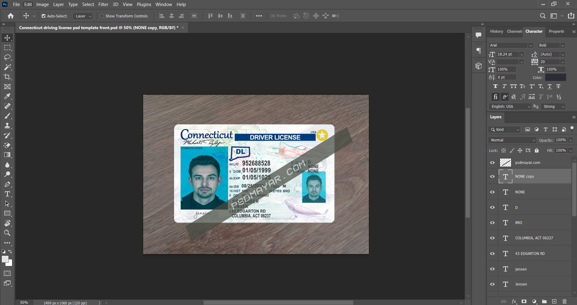 Connecticut driving license psd template