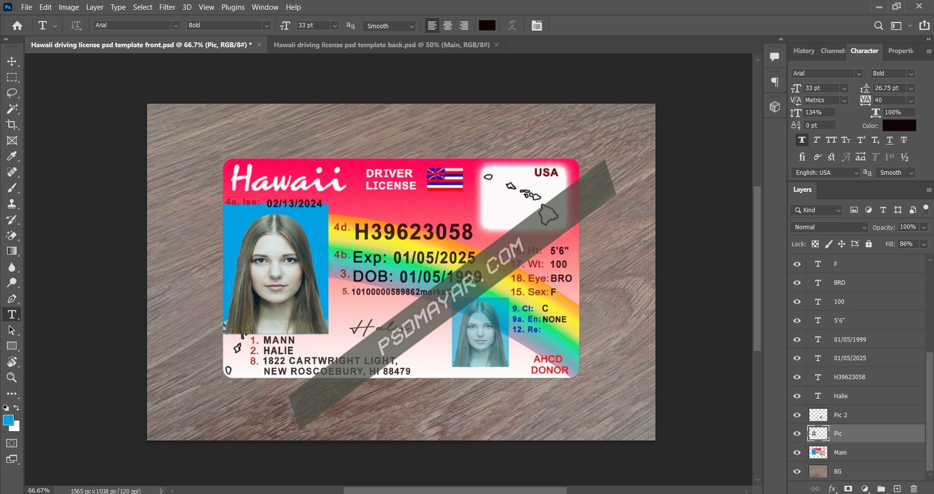 Usa hawaii driving license psd template download
