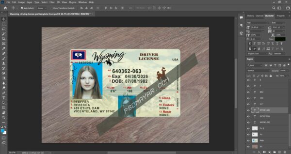 USA Wyoming state driving license template in PSD format