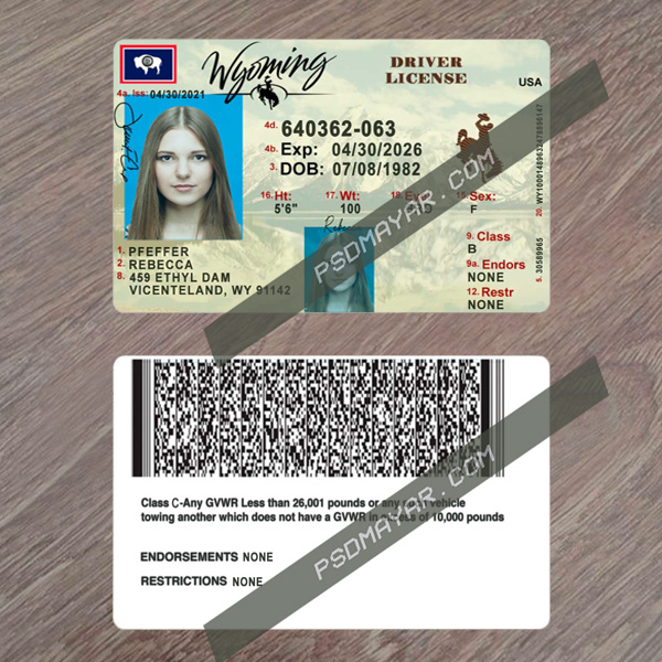 USA Wyoming state driving license template in PSD format