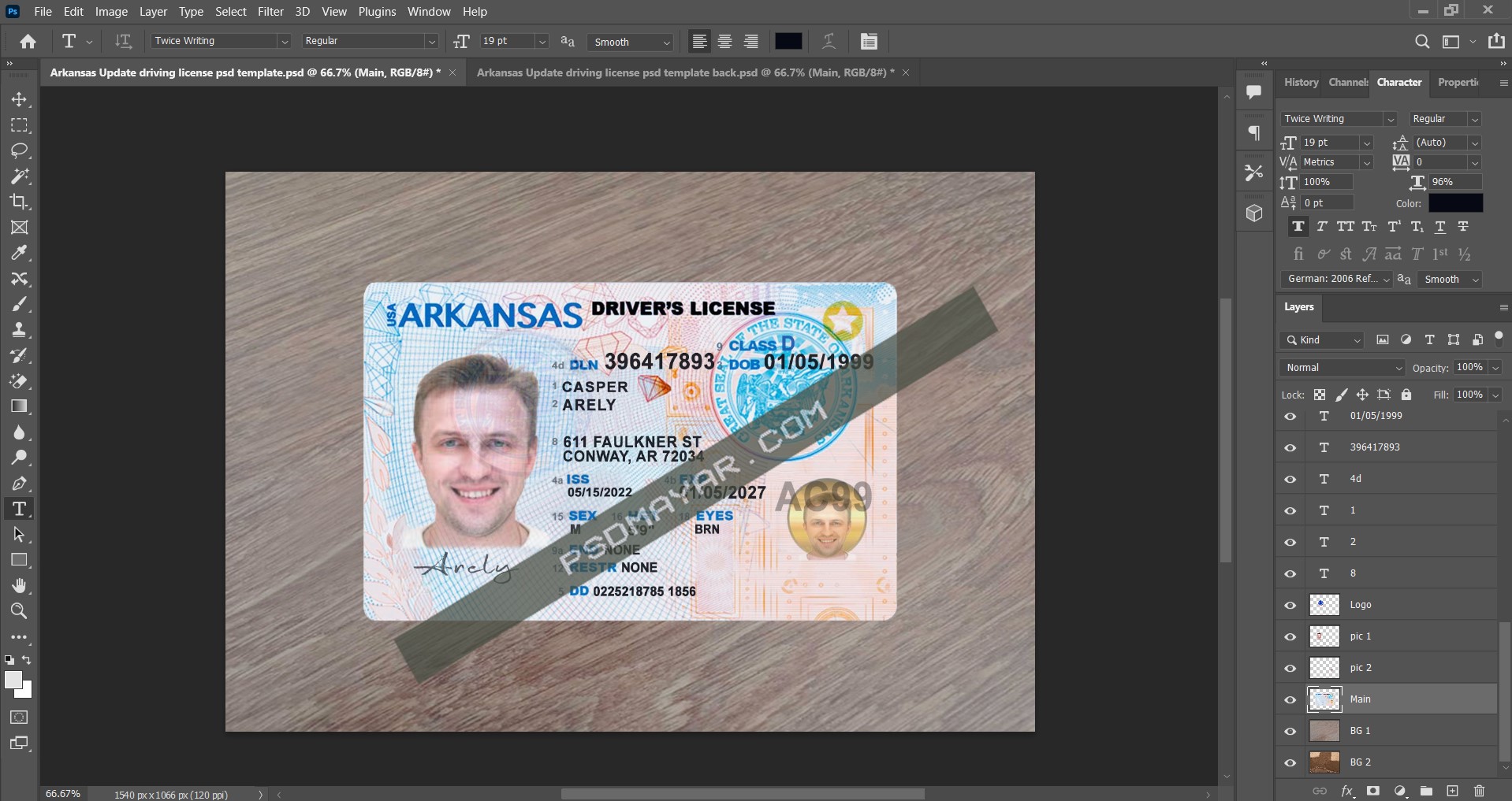 Arkansas Update driving license psd template