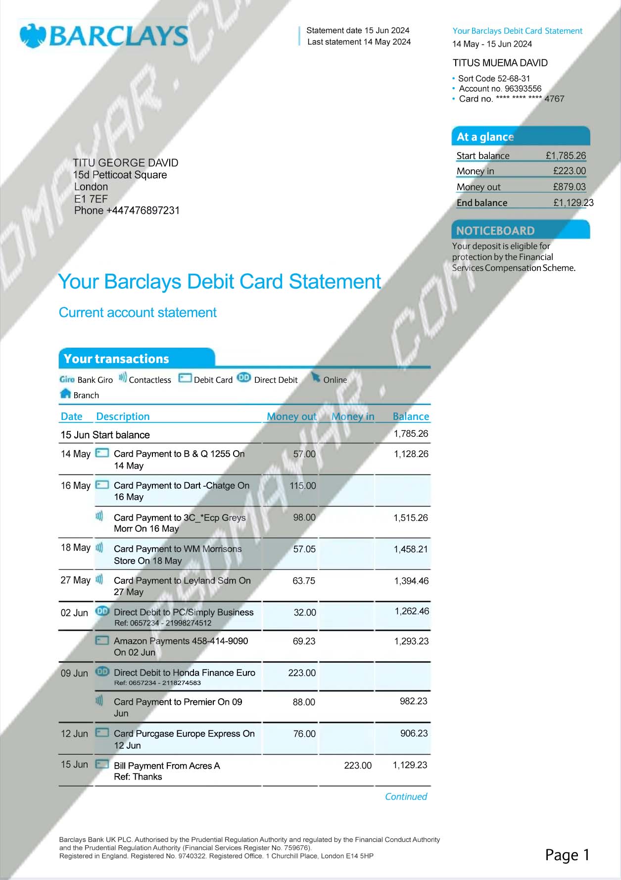 Barclays bank statement PDF download