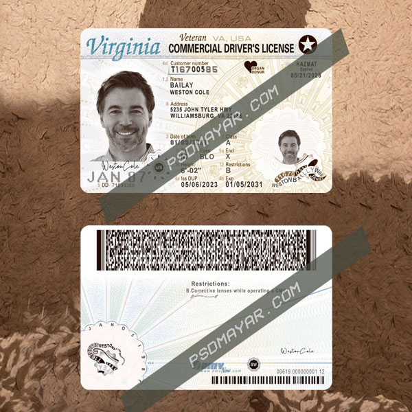USA Virginia Commercial driving license editable PSD