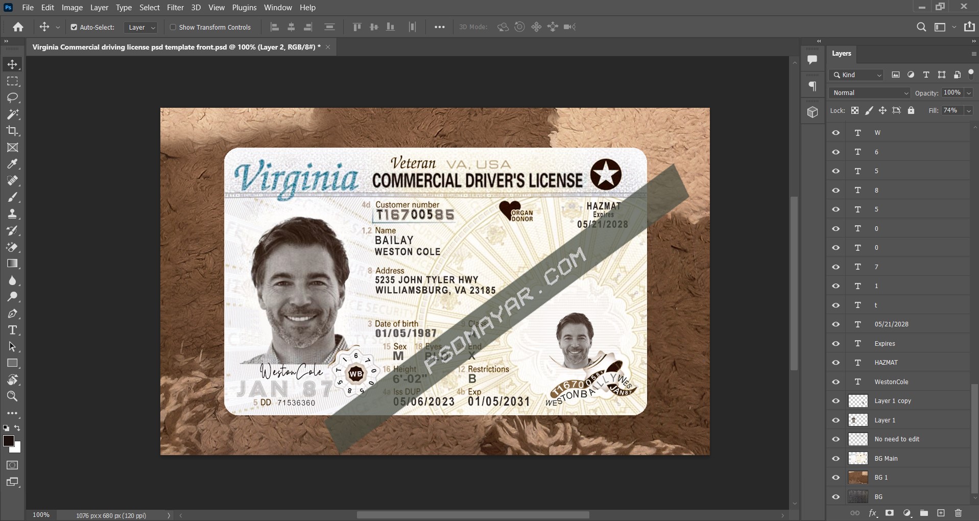 USA Virginia Commercial driving license editable PSD