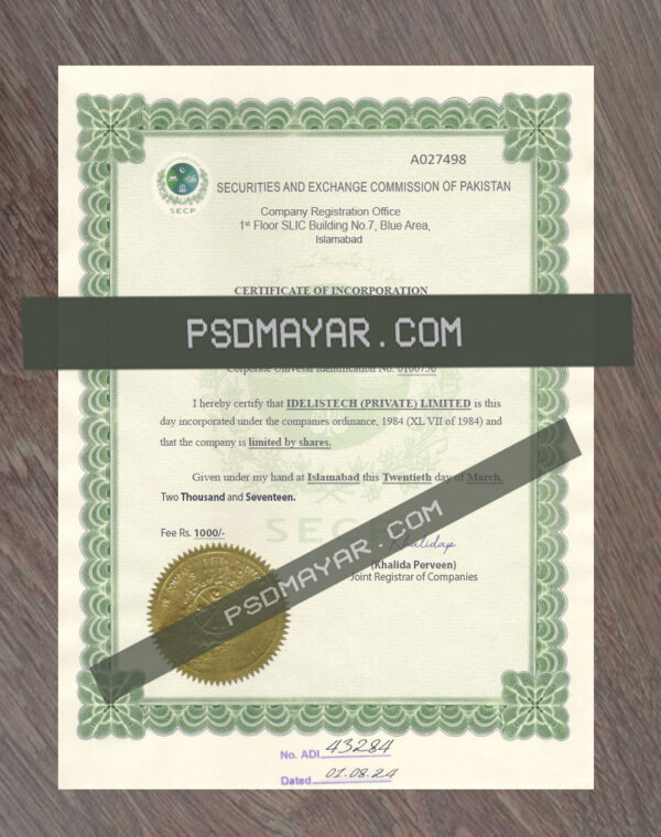 Pakistan Business Certificate of Registration Psd Template