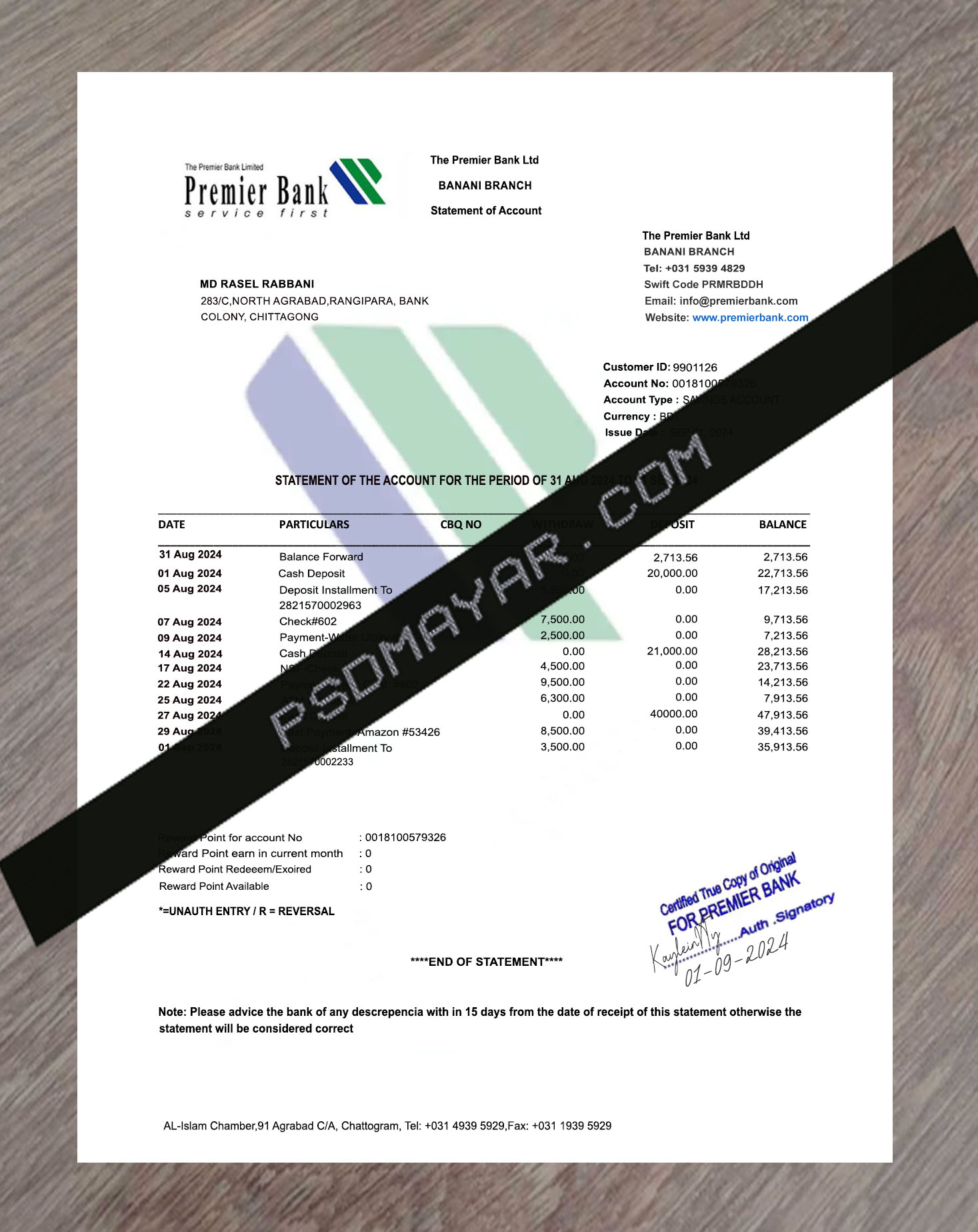 BD Premier Bank Statement Psd Template