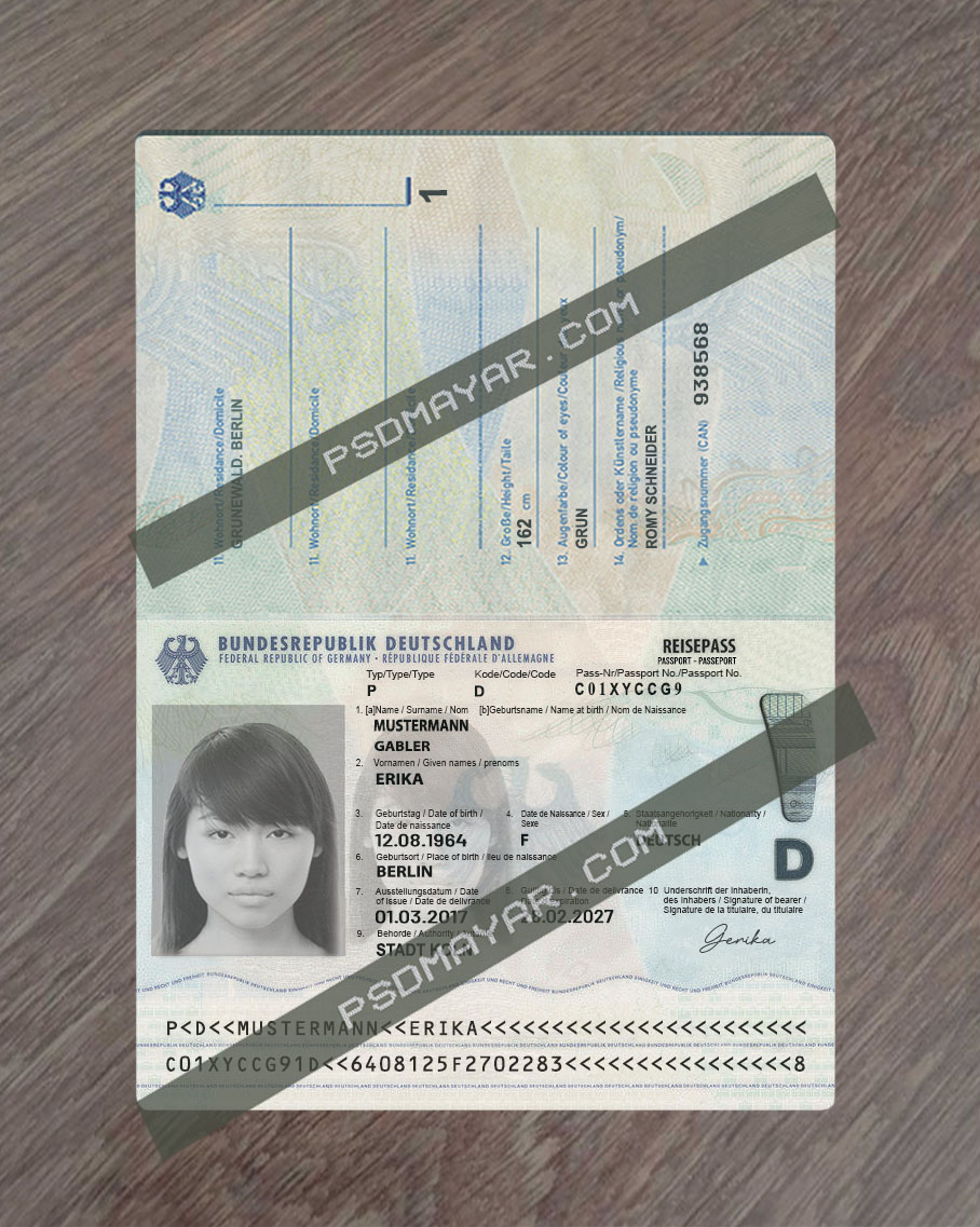 Germany passport template in PSD format