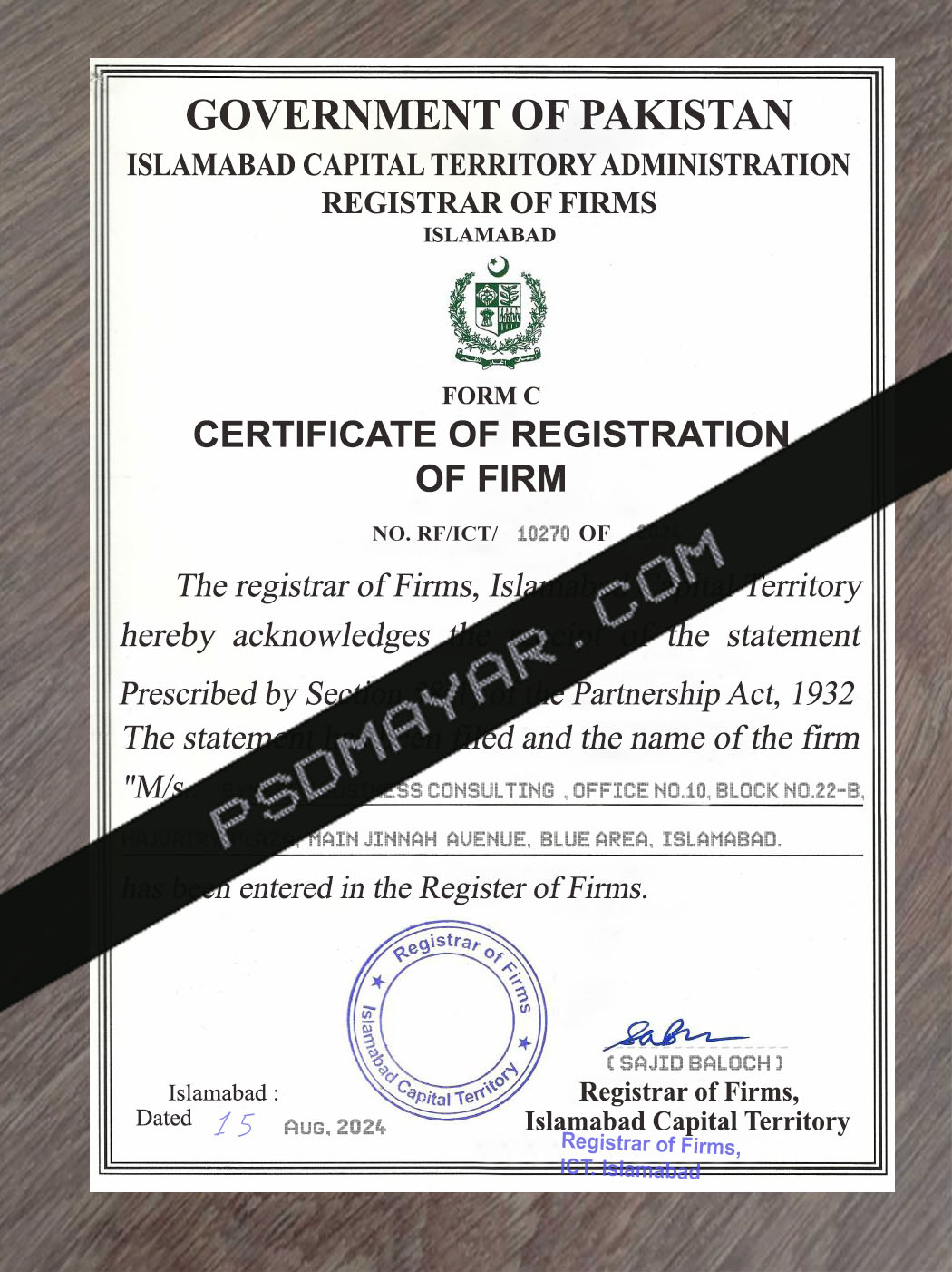 Pakistan Business Registration Certificate Psd Template