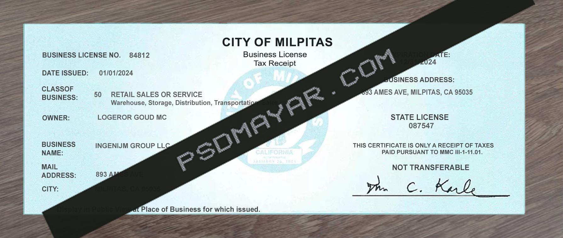 USA Milpitas Business Registration Certificate Psd Template