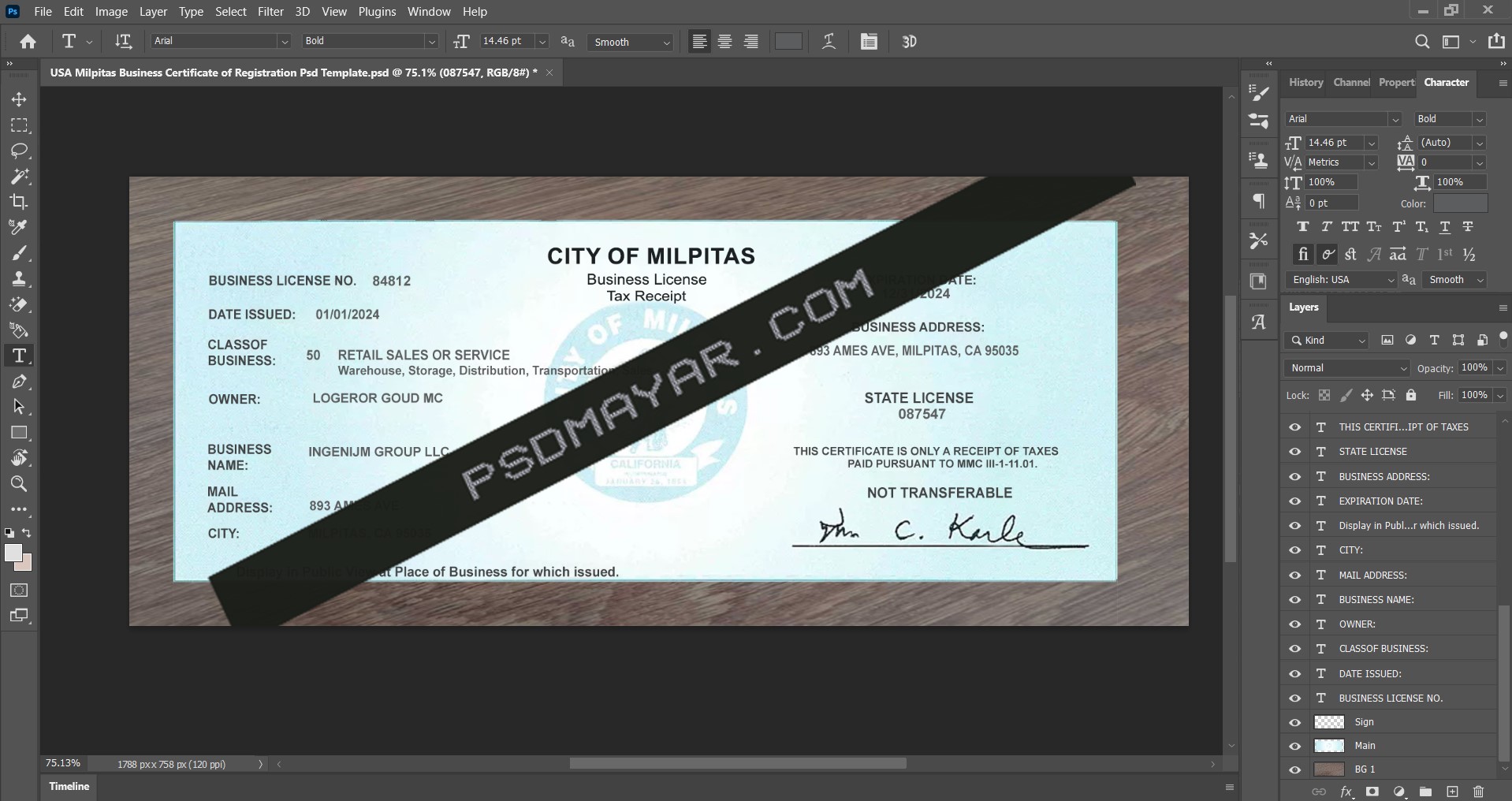 USA Milpitas Business Registration Certificate Psd Template