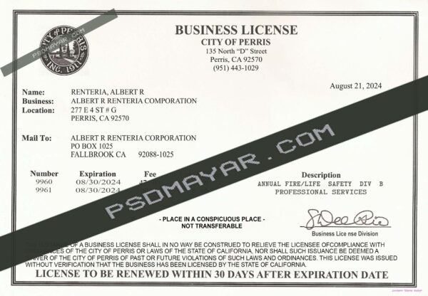 USA Perris Business Certificate of Registration