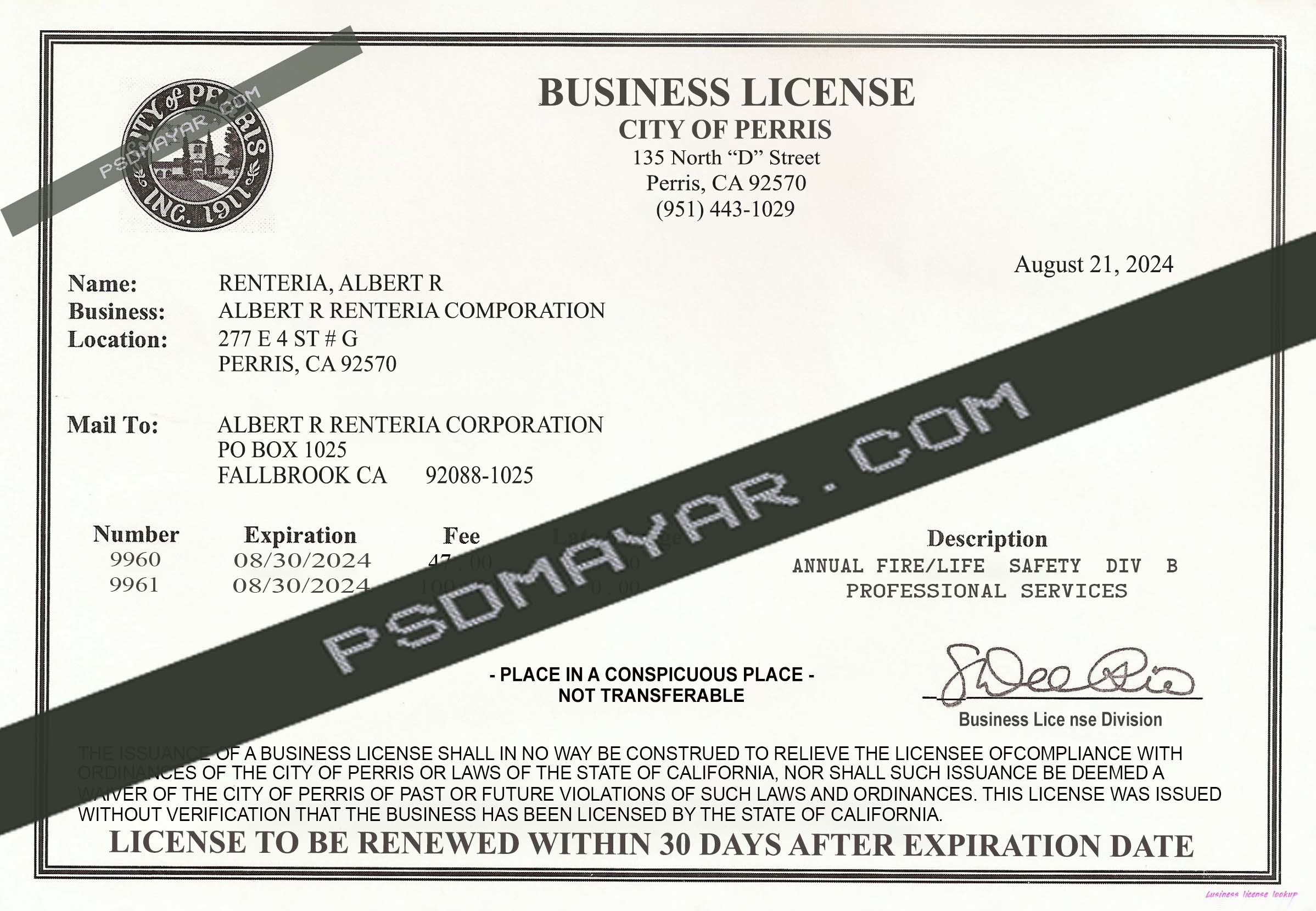 USA Perris Business Certificate of Registration