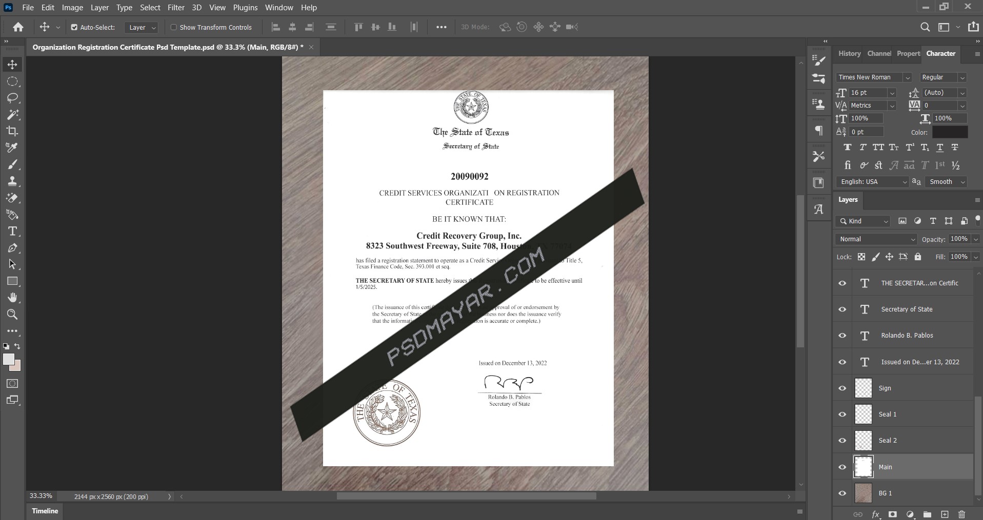 USA Texas Organization Registration Certificate Psd Template Pic