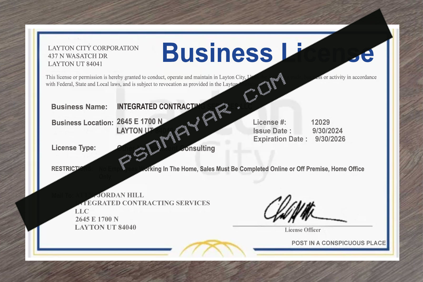 Utah Business Registration License PSD