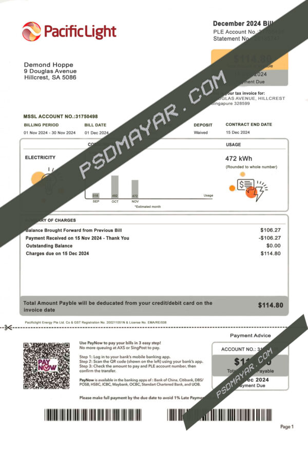 SG electricity utility bill PSD