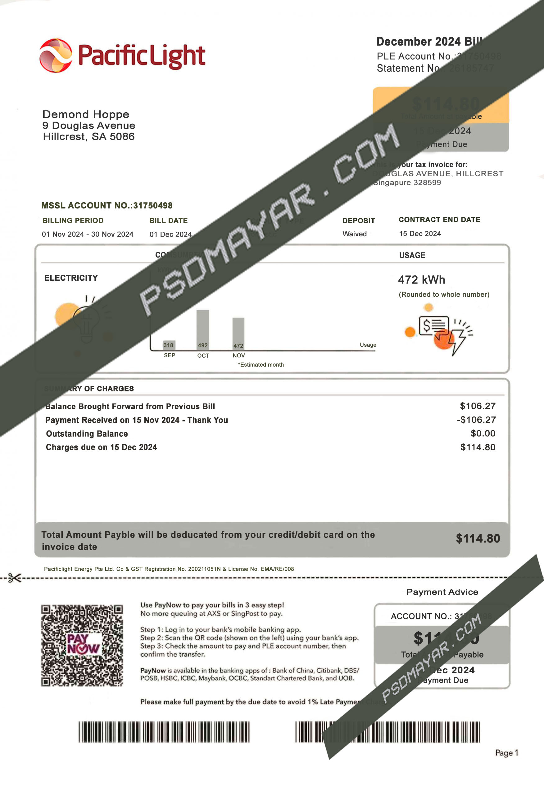 SG electricity utility bill PSD