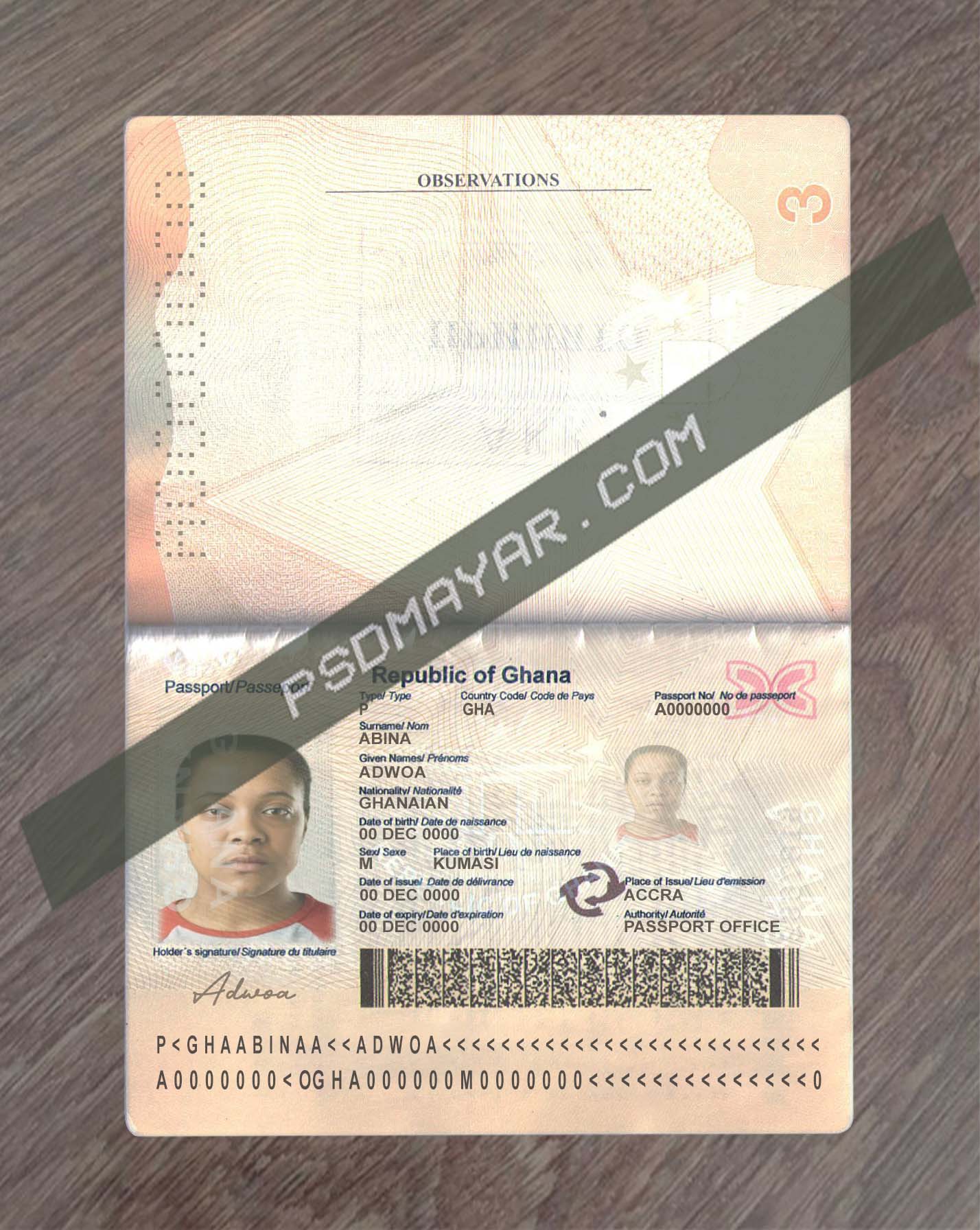 Ghana passport template in PSD format